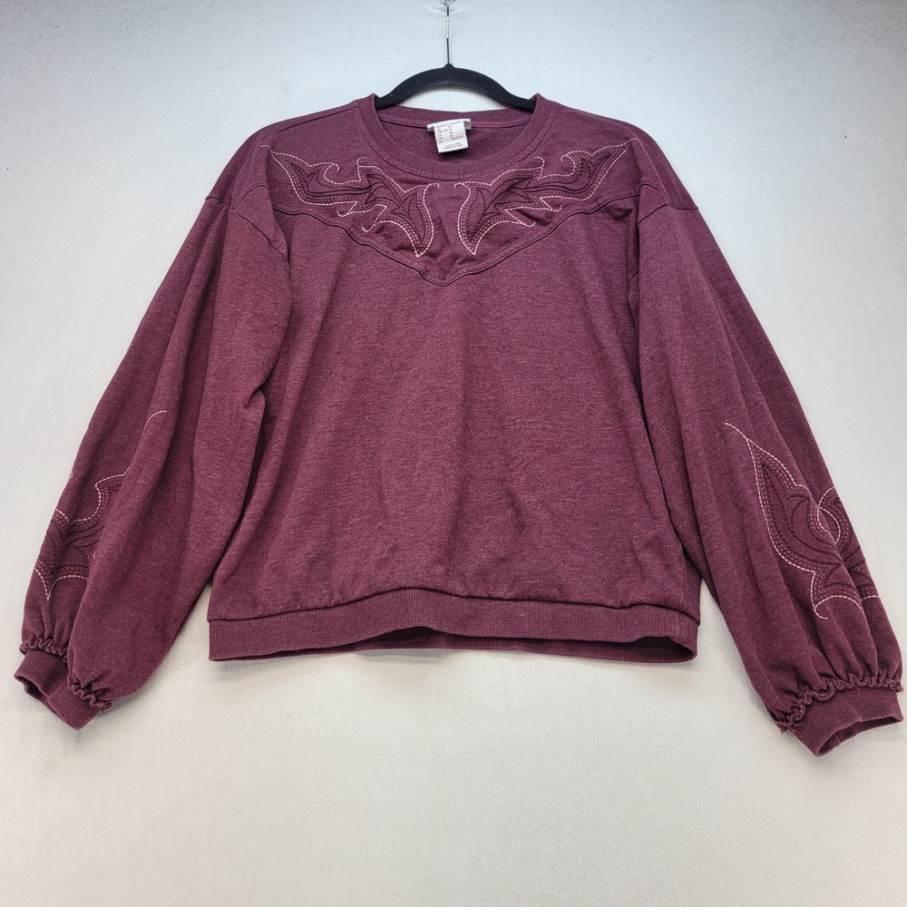 Ariat Sweatshirt Women M Burgundy Western Embroidered Ruffle Cuff Pullover